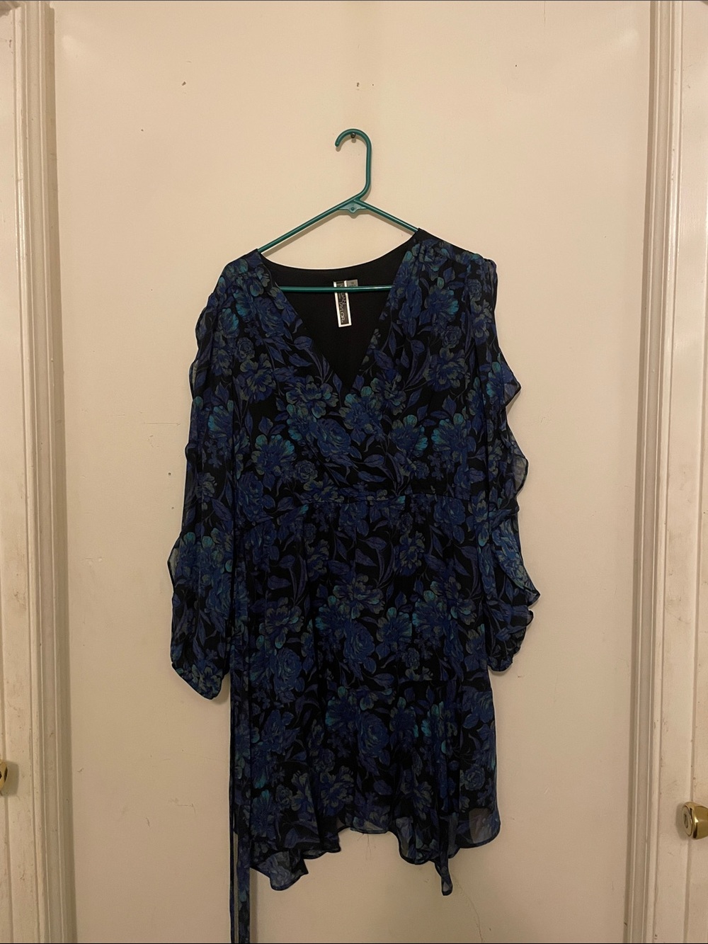 Floral V-Neck Blue Tiered Sleeve Dress